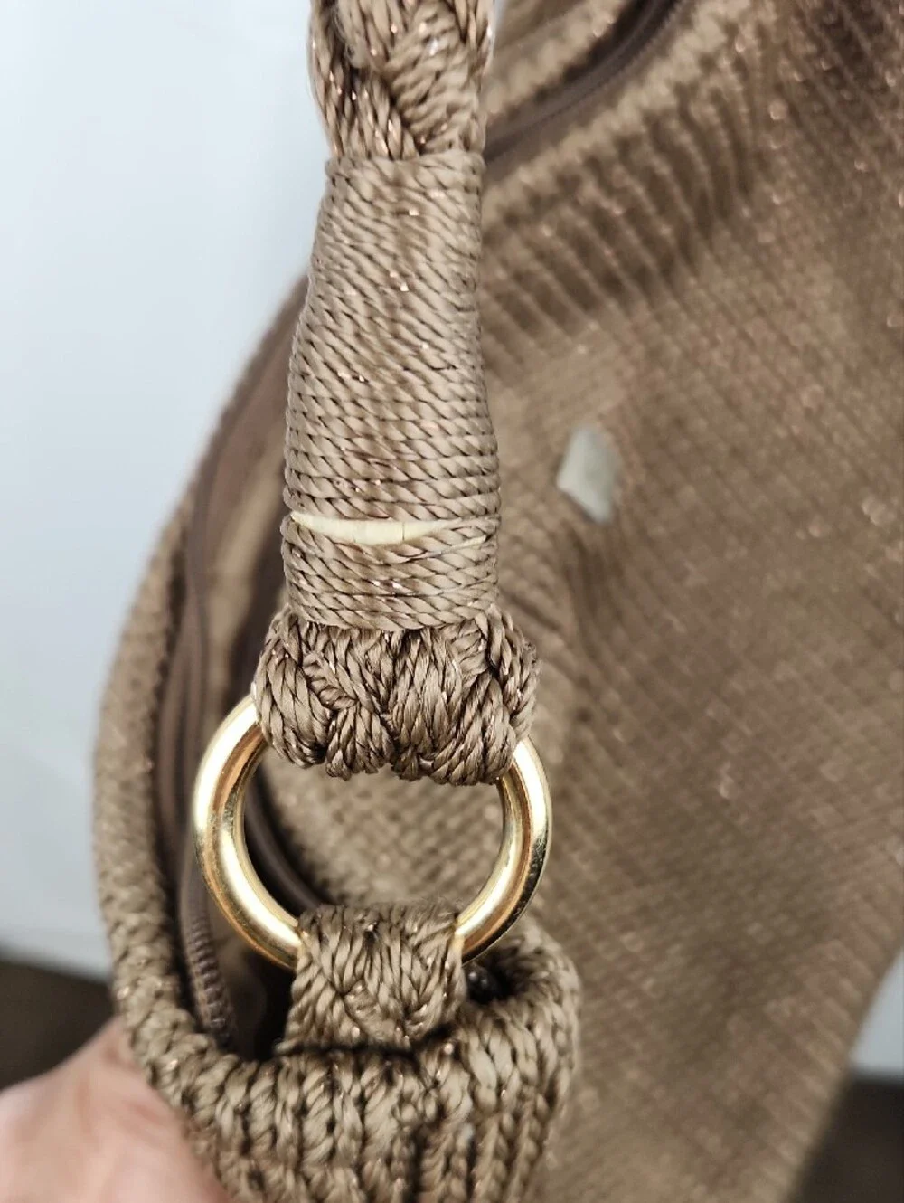 Lina Crochet Braided Boho Shoulder Bag - Cappuchino/Gold Thread